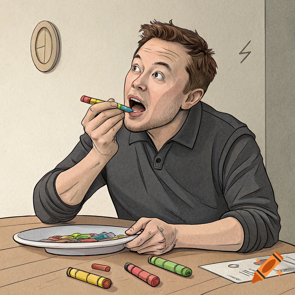 Illustration of Elon Musk eating crayons from a plate at a table.