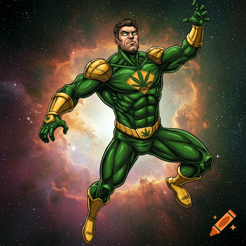 Comic book style superhero in a green and gold suit with marijuana leaf symbols, floating in space.