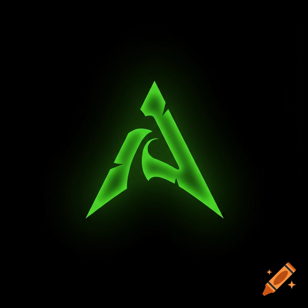 A bright green glowing Arch Linux logo on a black background.