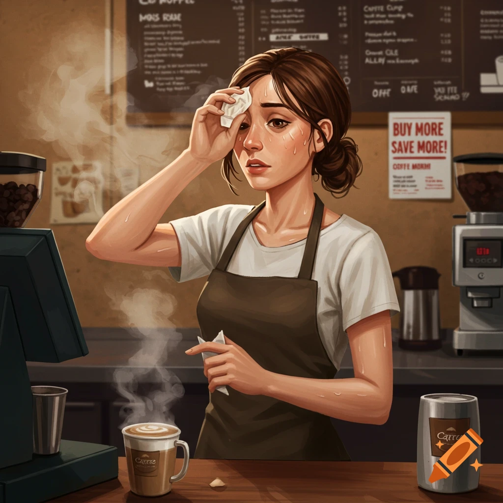 Illustration of a tired barista wiping sweat in a busy coffee shop.