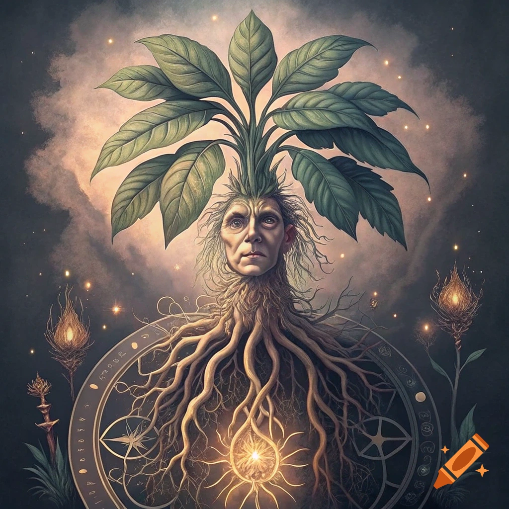 Fantasy illustration of a creature with a human face and root body topped with large leaves, surrounded by glowing symbols.