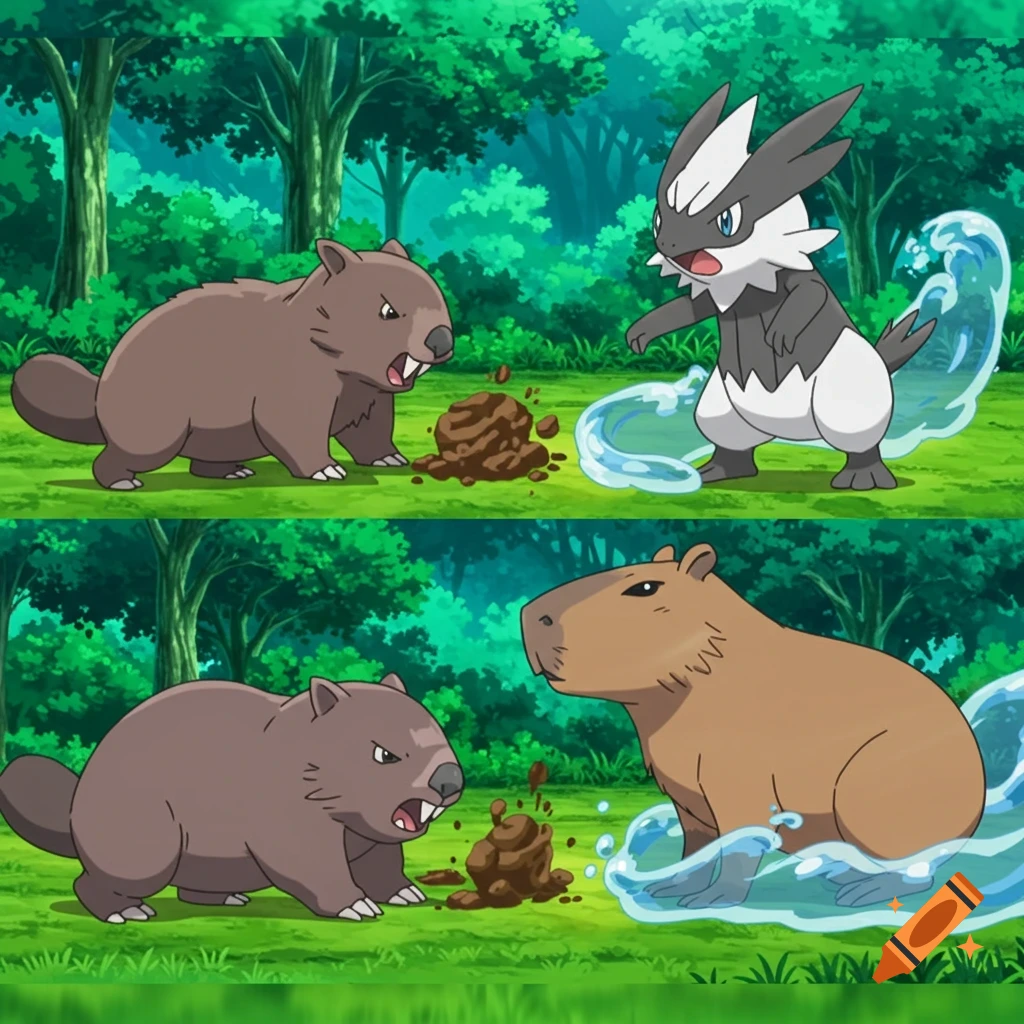Anime style image of a wombat-like Pokemon battling a grey creature and a capybara in a forest.