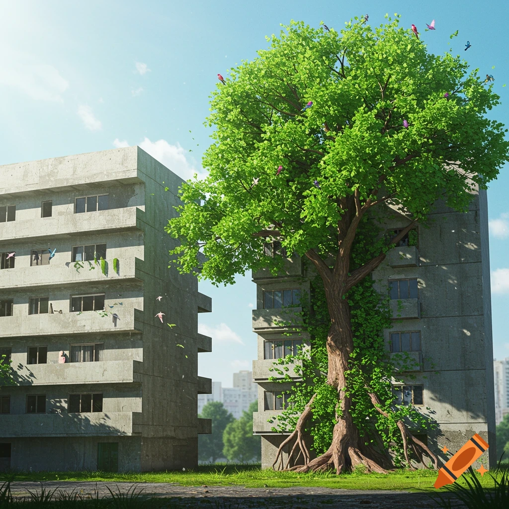 A large tree grows through a concrete building next to an empty identical building with birds flying around.