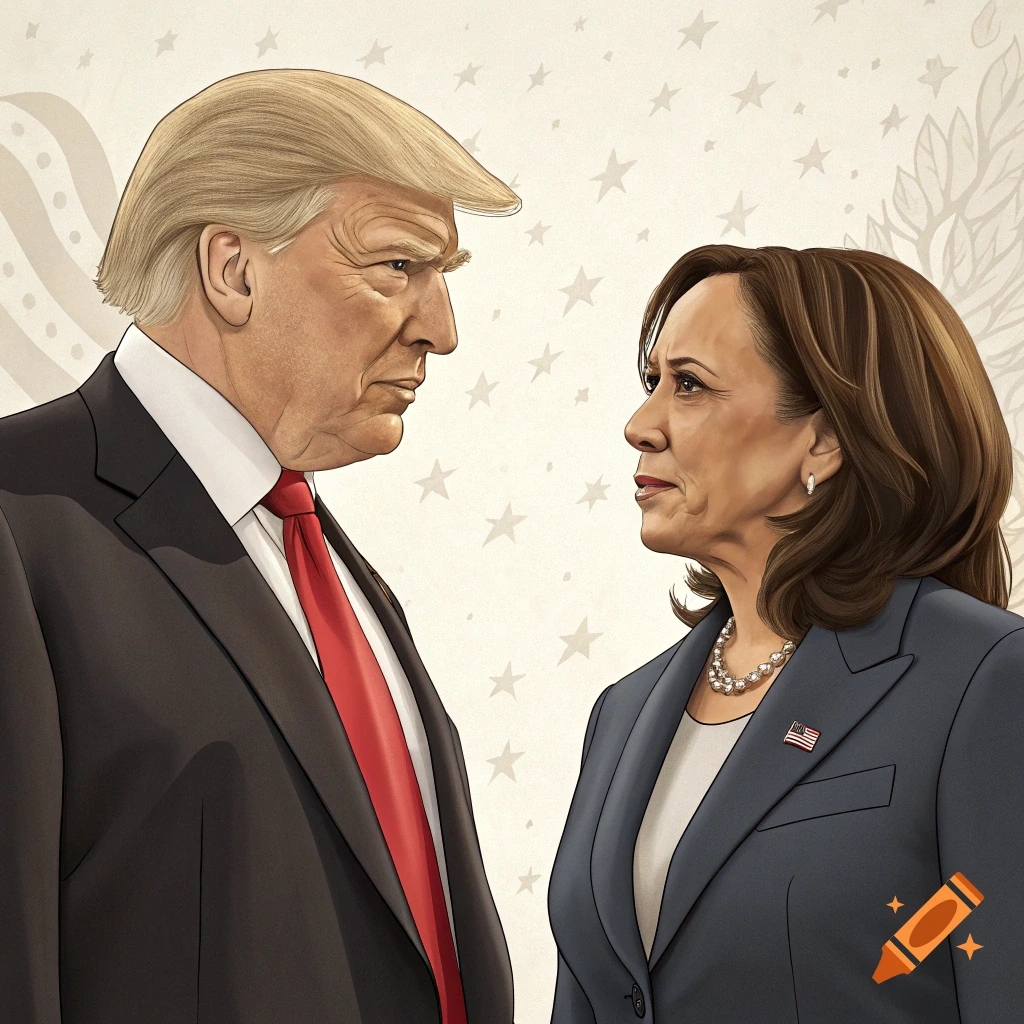Illustration of Donald Trump and Kamala Harris facing each other