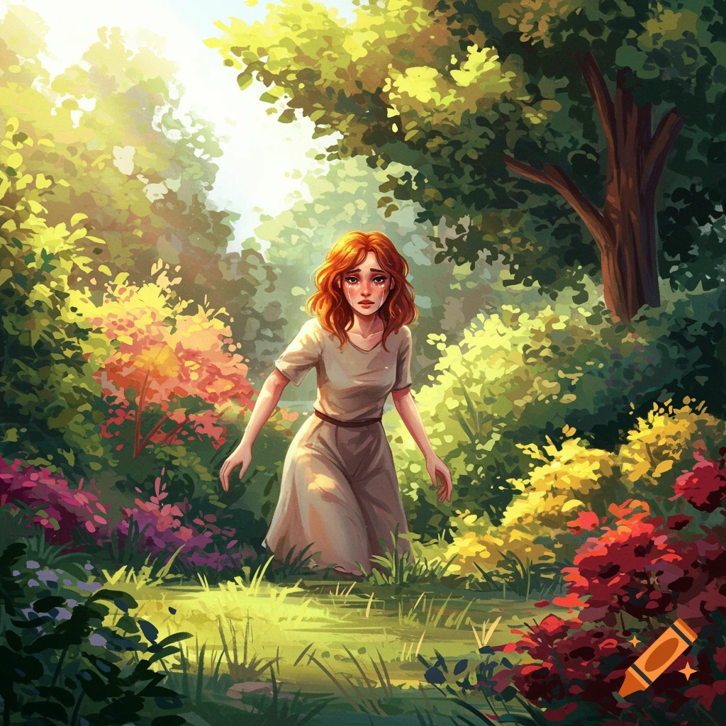 Illustration of a sad young woman with red hair in a colorful fantasy forest.