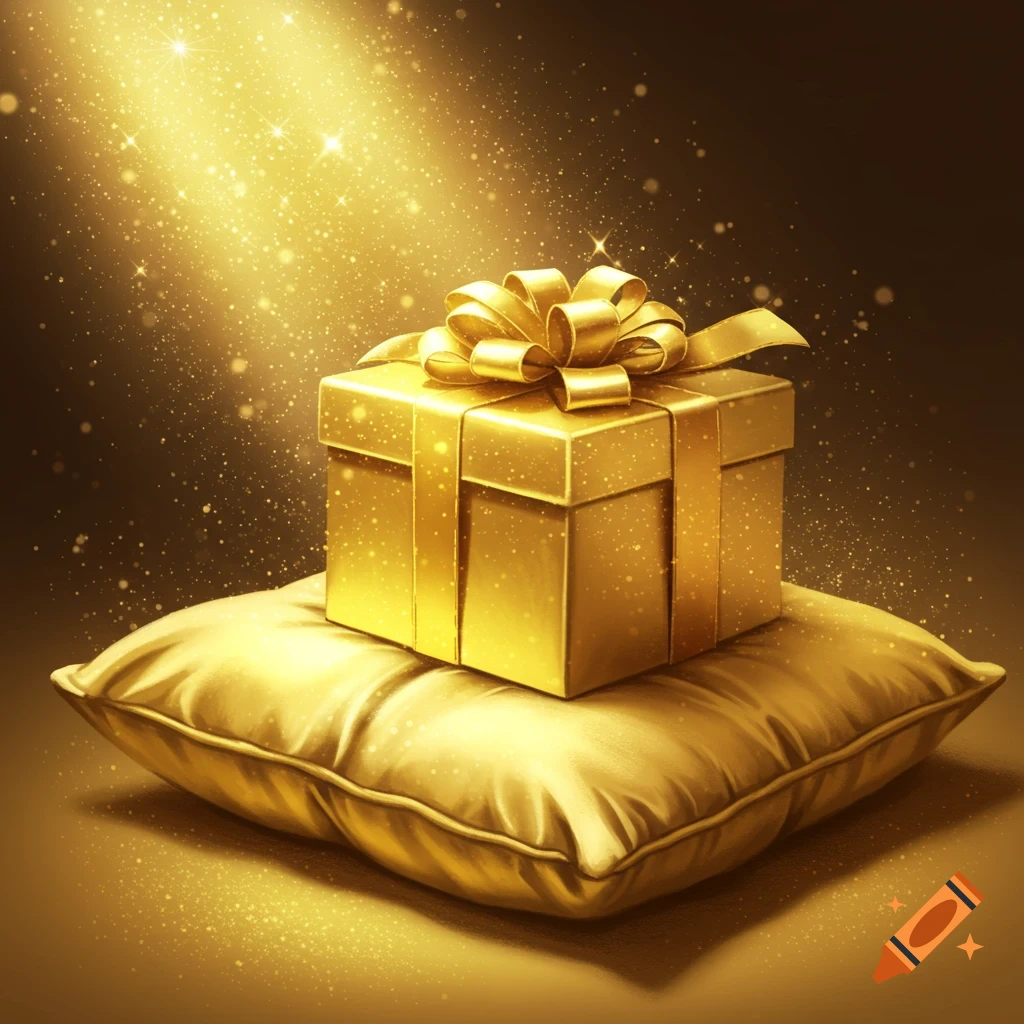 Golden gift box tied with a bow on a golden pillow surrounded by sparkles and light rays.