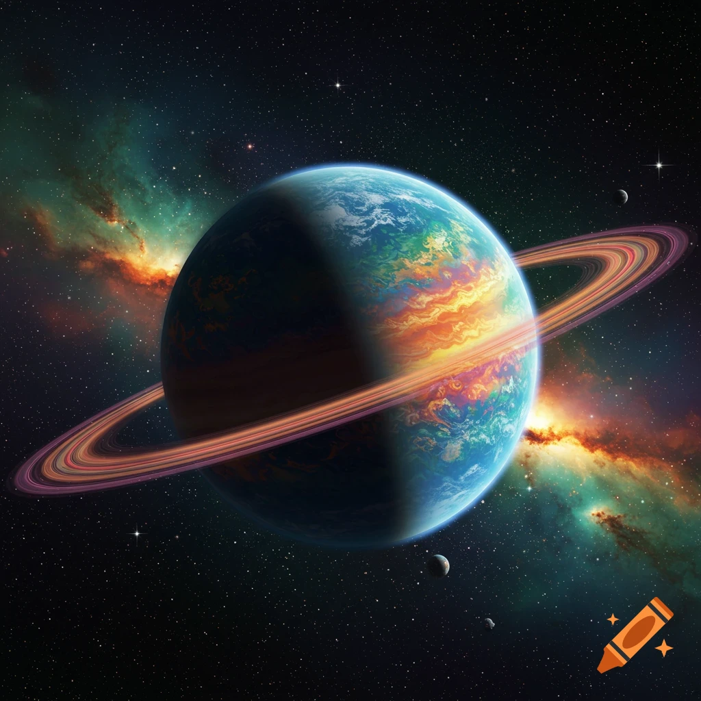 Colorful ringed planet in space with nebulae and stars