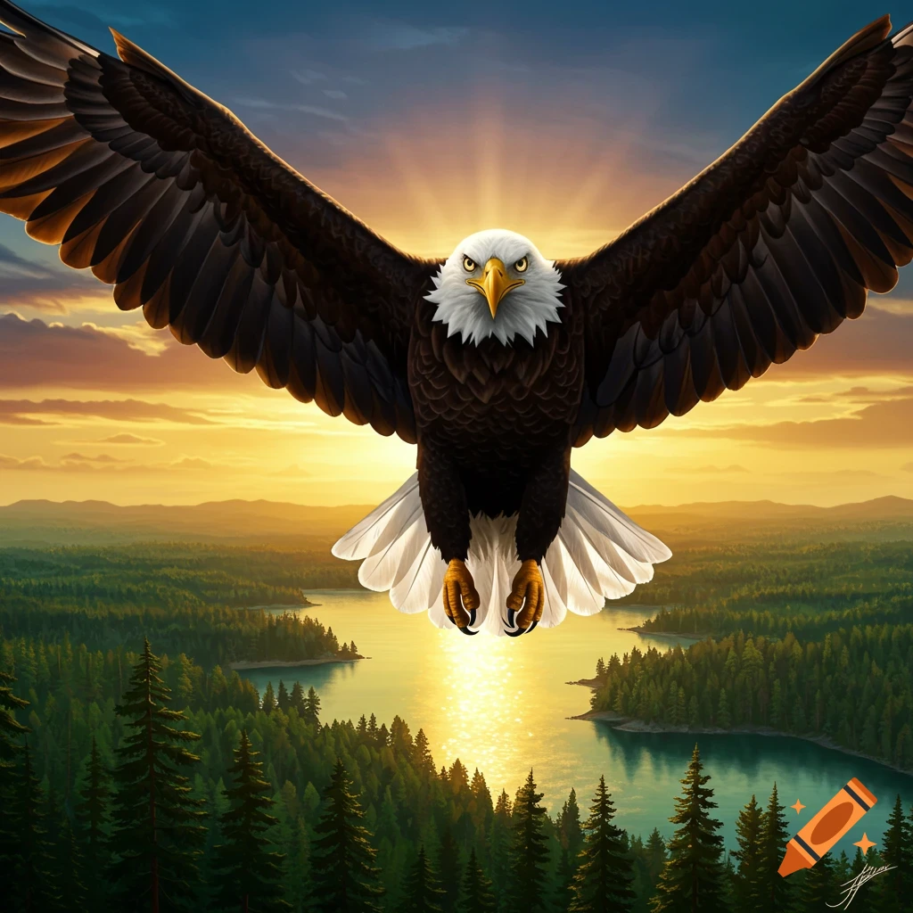 Bald eagle flying with wings spread over a forest lake at sunset.