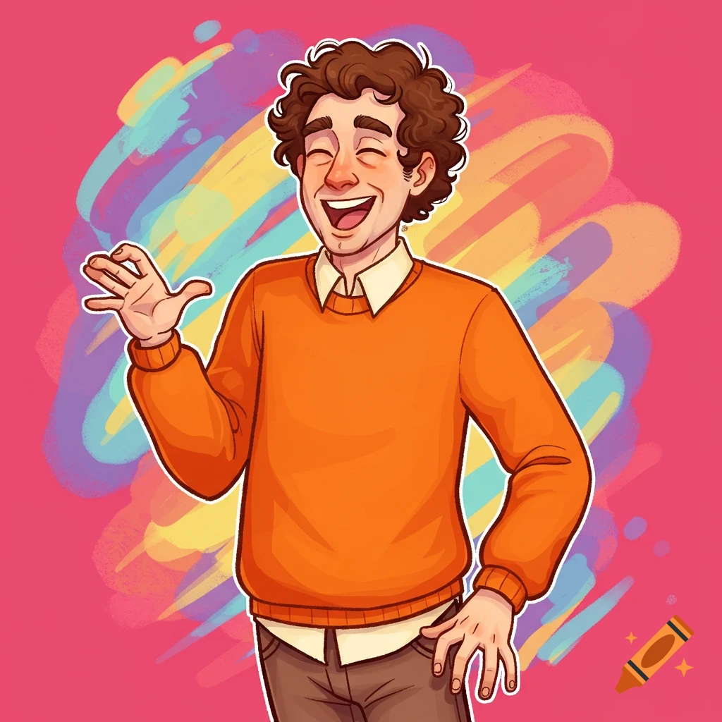 Cartoon illustration of a smiling man in an orange sweater waving against a colorful background.