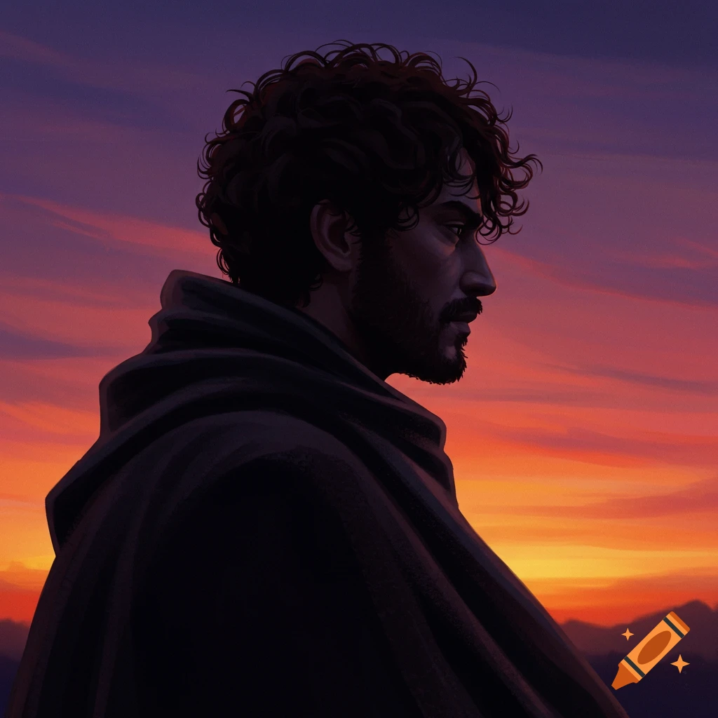 Side profile of a man in a dark cloak looking towards a vibrant sunset.