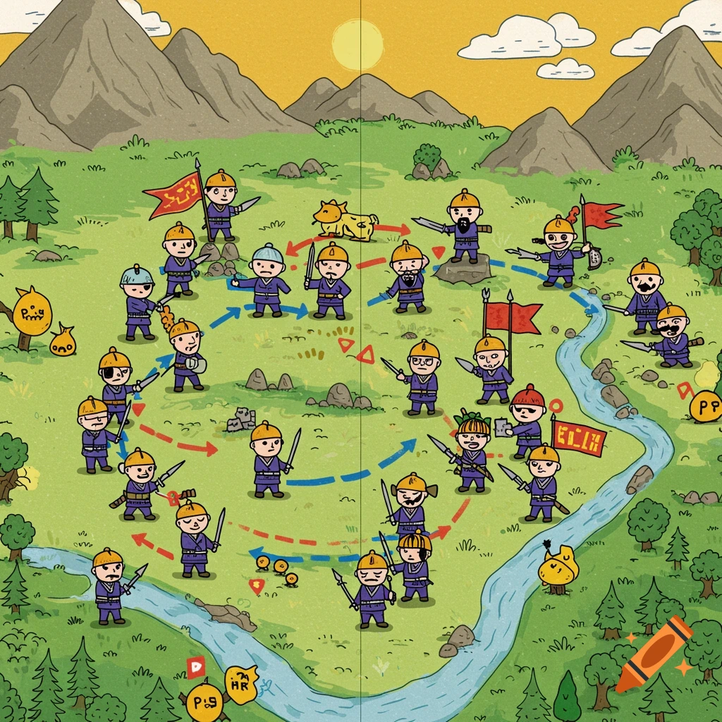 Cartoon map of soldiers in purple uniforms holding swords, surrounded by mountains, trees, and a river.