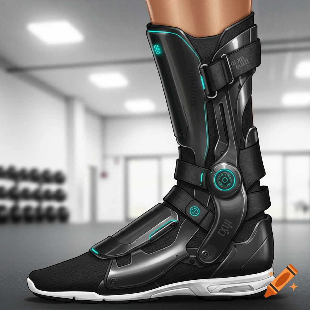Person's leg wearing a futuristic black and gray ankle brace in a gym.