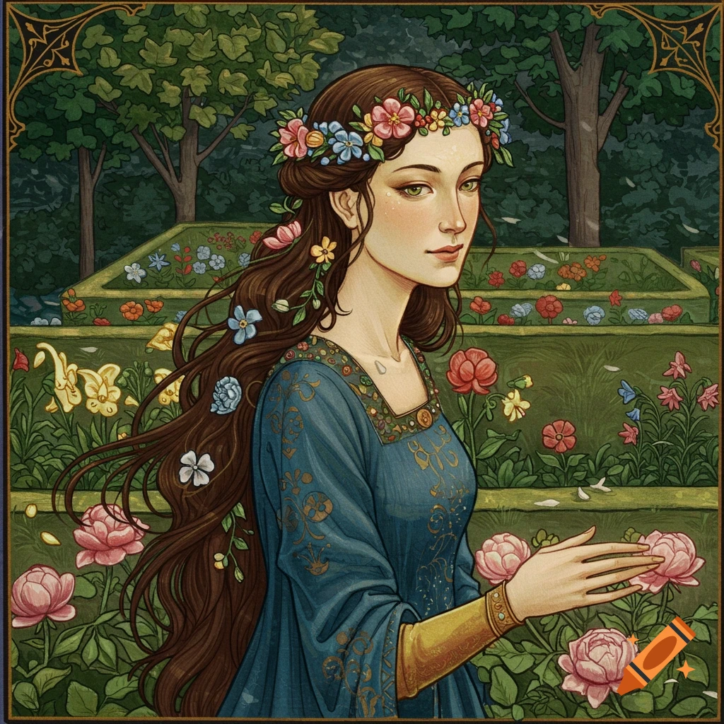 A woman in a blue medieval dress and flower crown in a garden, in the style of a medieval painting.