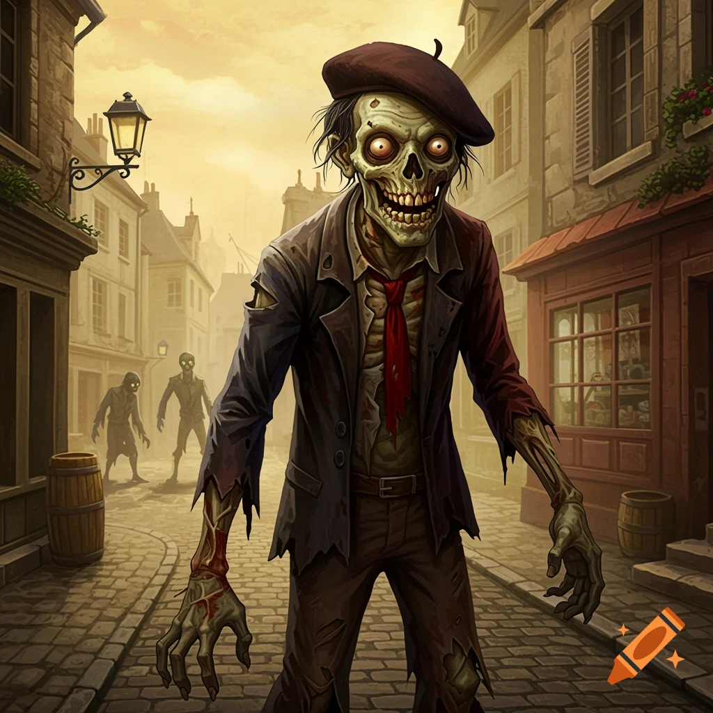 An illustration of a zombie wearing a beret and torn suit walks down a cobblestone street with other zombies.