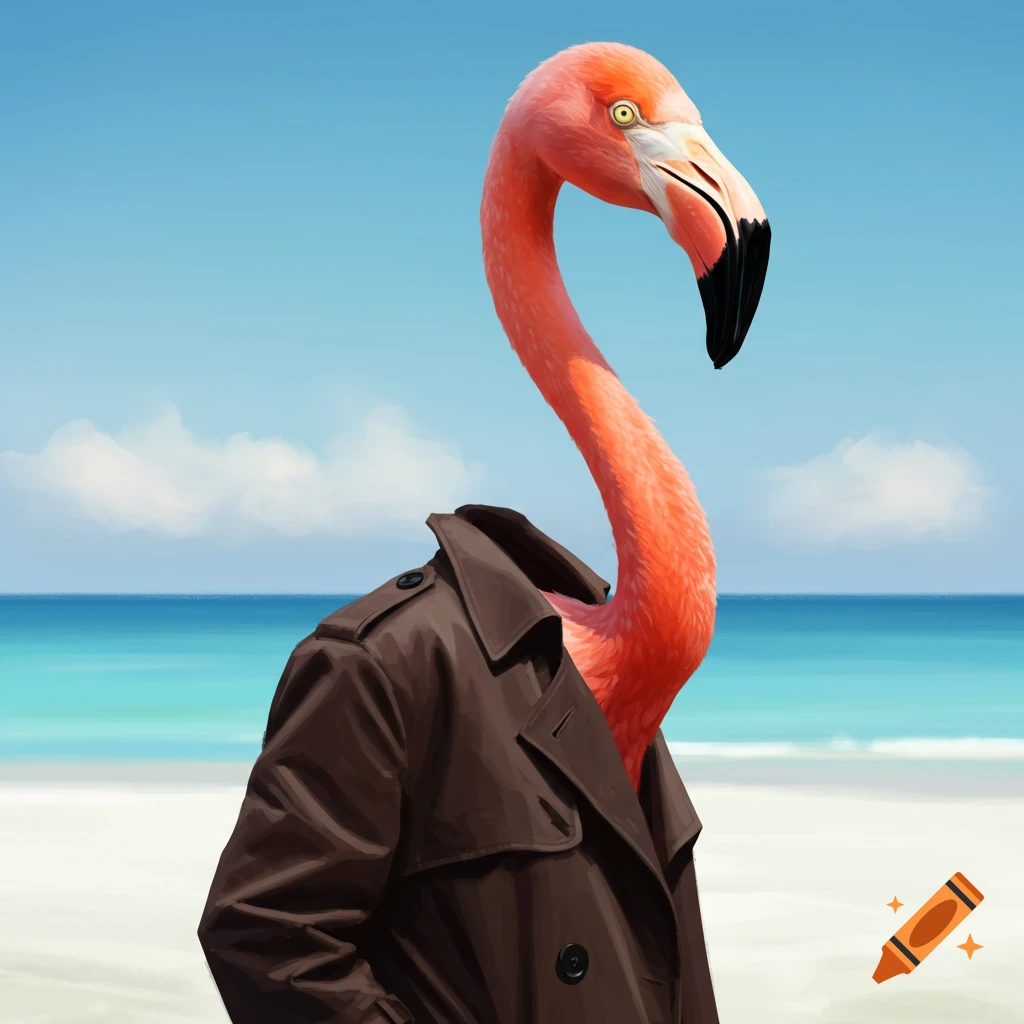 A flamingo wearing a trench coat stands on a beach.