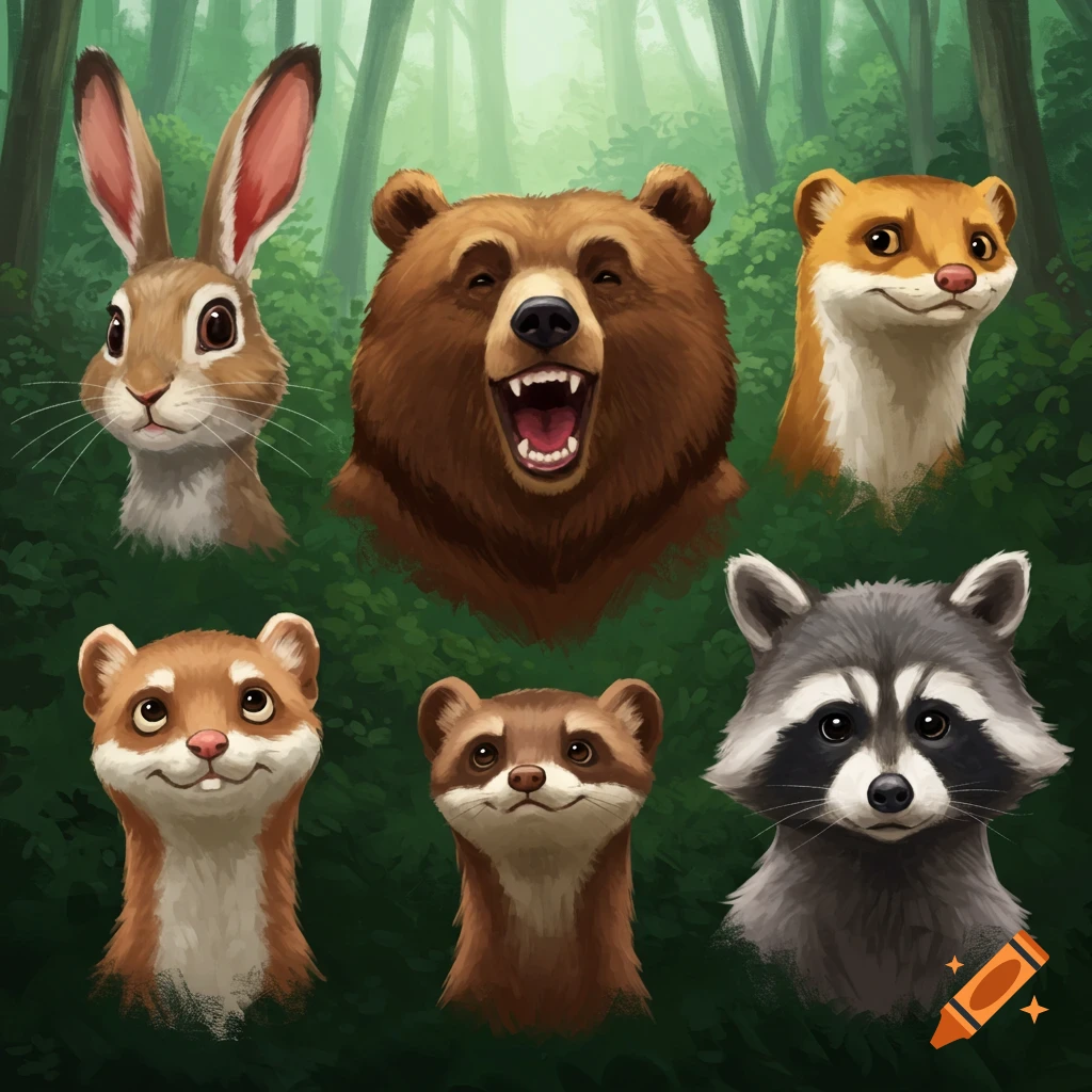Close-up heads of woodland animals including a rabbit, bear, raccoon, and ferrets in a forest.