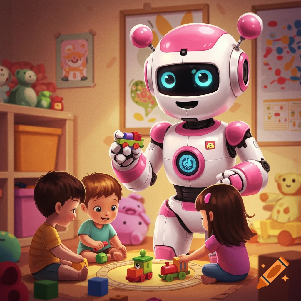Friendly pink and white robot playing with children and toys in a bright playroom.