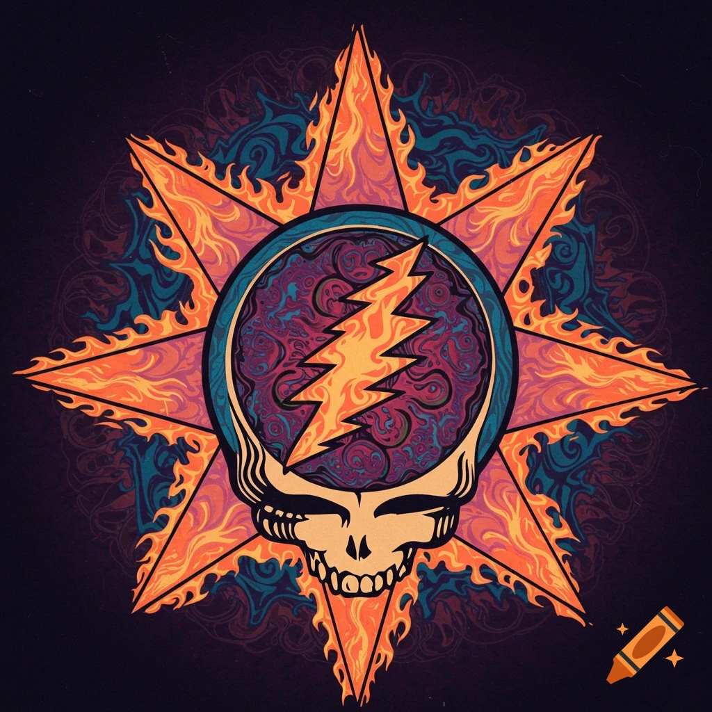 Stylized skull with lightning bolt surrounded by a fiery 13-point star mandala in psychedelic style.
