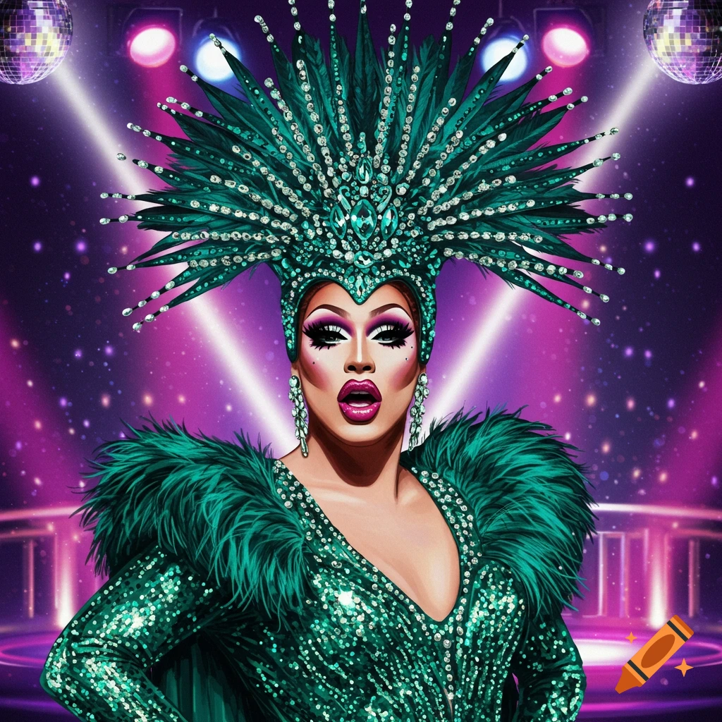 A drag queen in a sequined green dress and elaborate green feathered headdress on a stage with disco balls and lights.