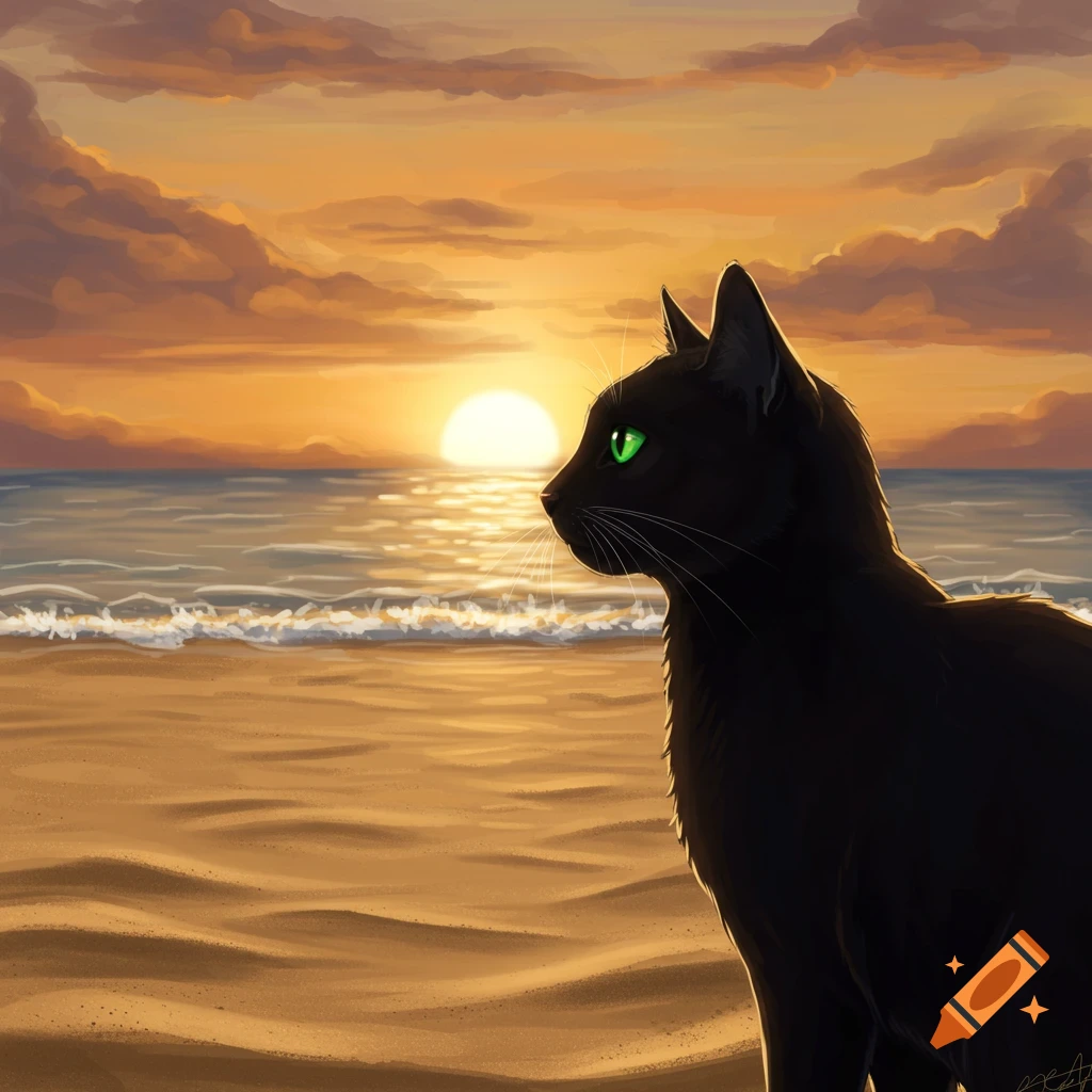 Black cat on a beach watching the sunset.