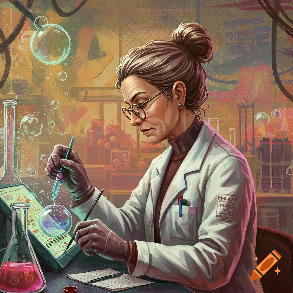 Stylized illustration of a female scientist working with lab equipment and a digital screen.