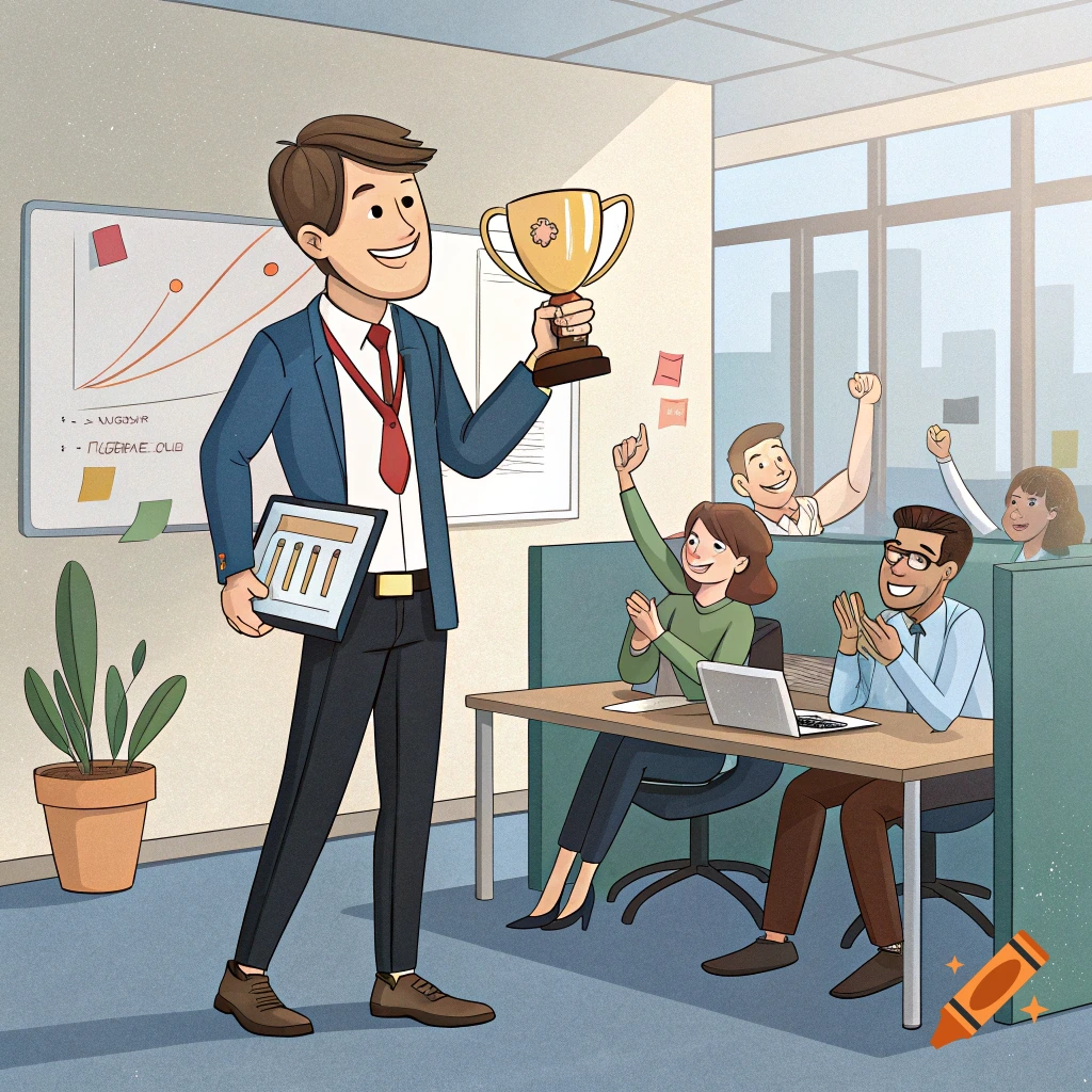 Illustration of a man in an office holding a trophy as coworkers cheer.