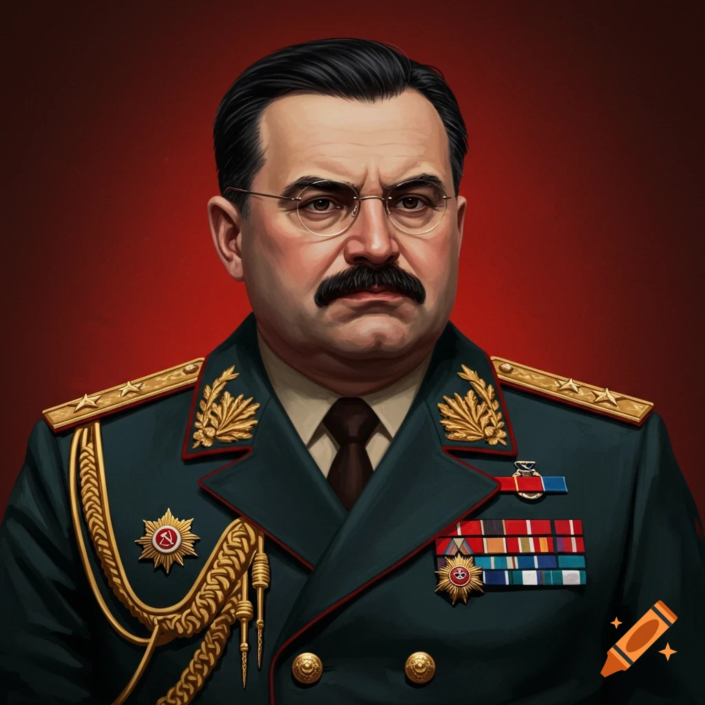 Portrait of a man with a mustache and glasses in a Soviet military uniform with medals.