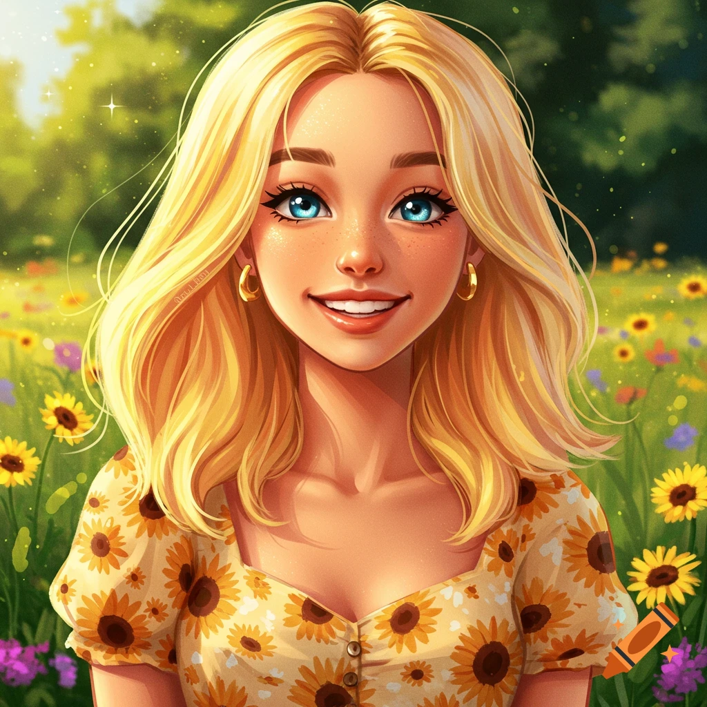 A cartoon portrait of a smiling blonde woman with blue eyes in a sunflower dress standing in a field of flowers.