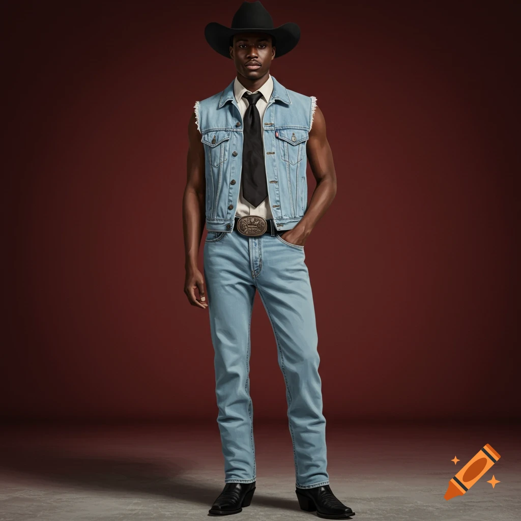 A man in a cowboy hat, sleeveless denim vest, tie, jeans, and boots stands with one hand in his pocket.