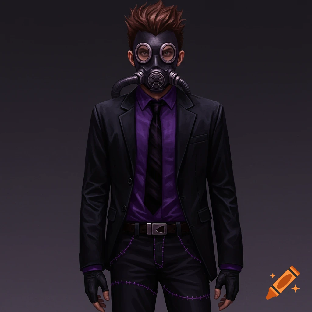 Illustration of a man in a black suit, purple shirt, black tie, and a black gas mask with purple stitching on his pants.