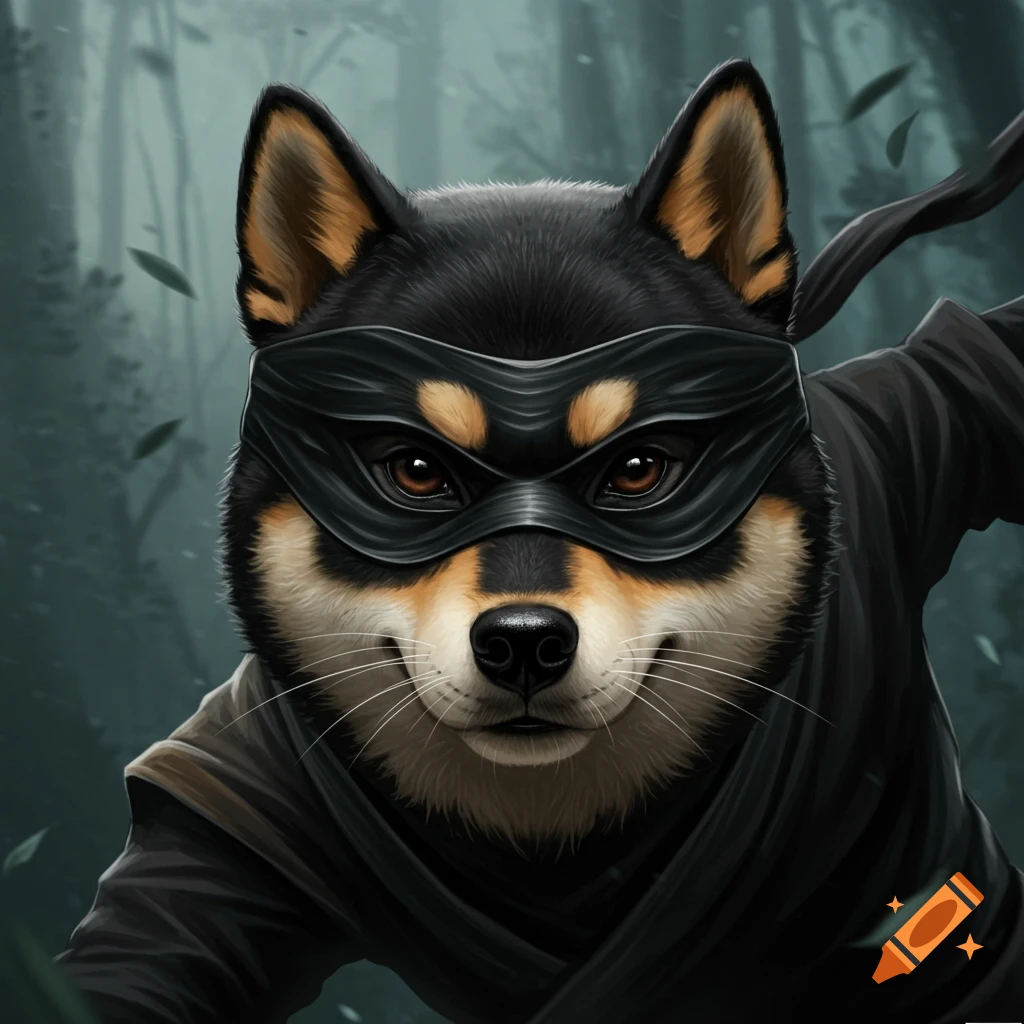 A black and tan Shiba Inu dog wears a black ninja mask and suit in a forest.