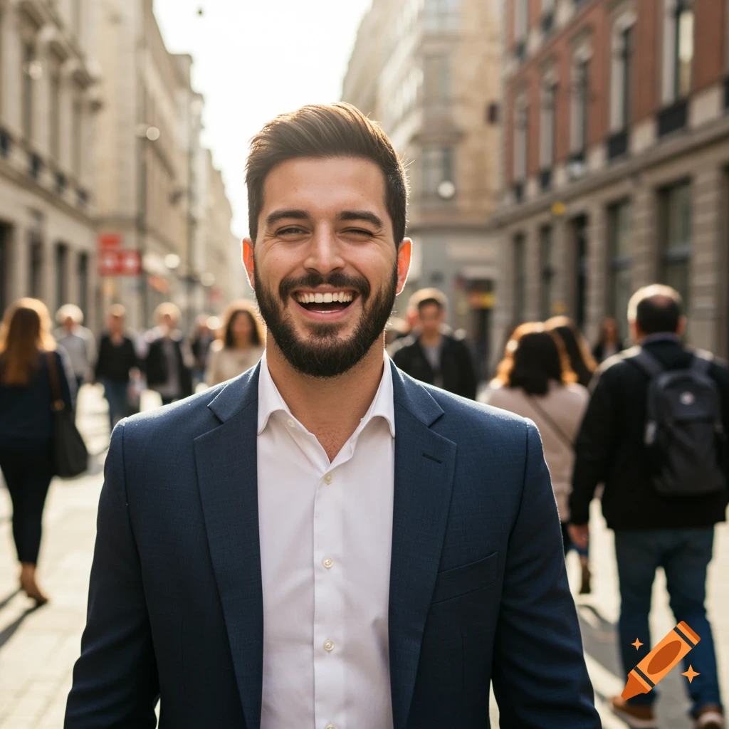 Smiling man in a suit on a sunny city street with blurred people