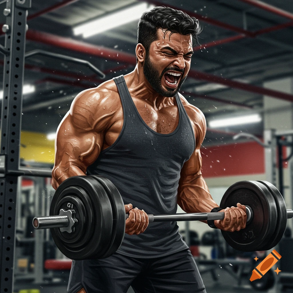 Muscular man intensely lifting a barbell in a gym.