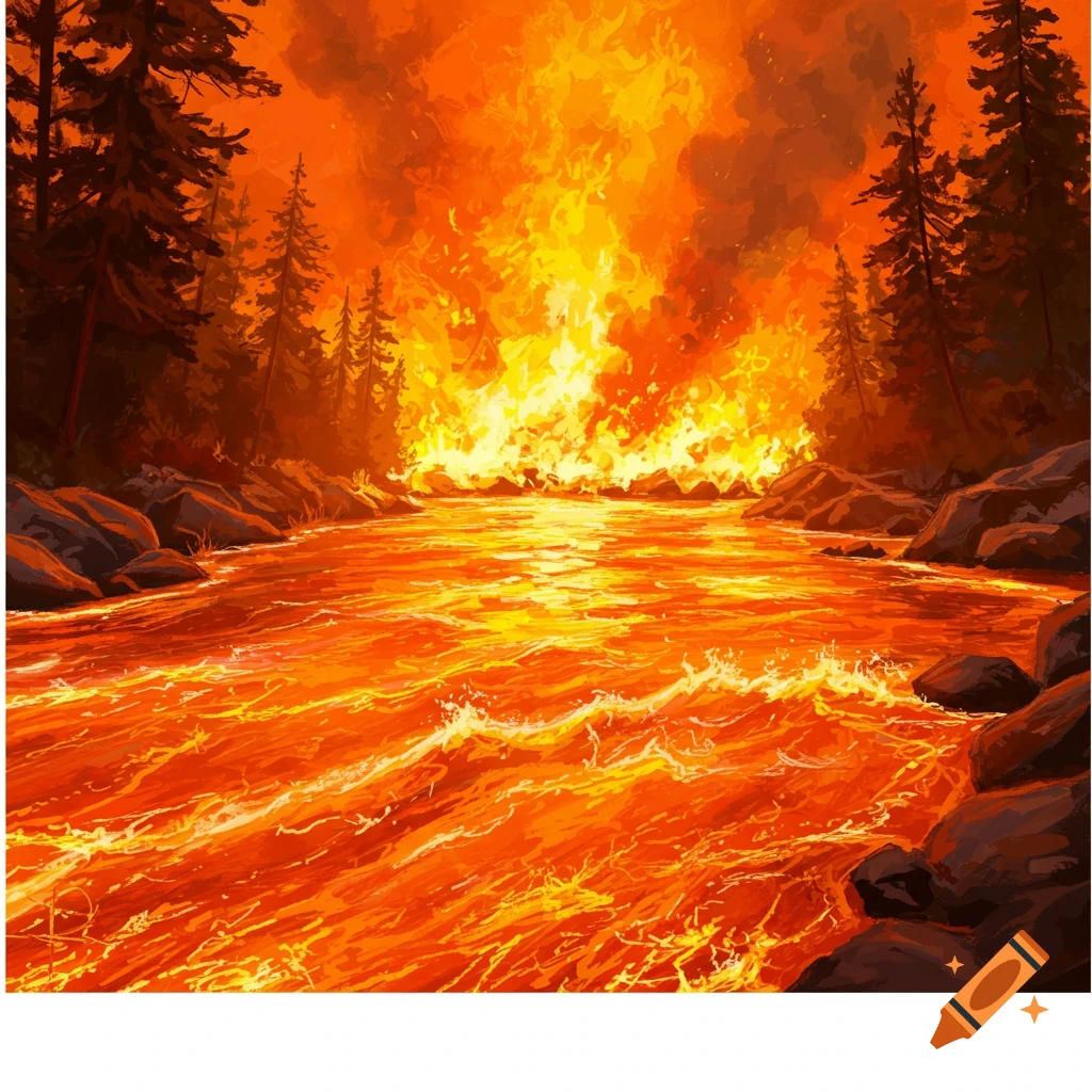 A forest fire burns next to a river of fire or lava.