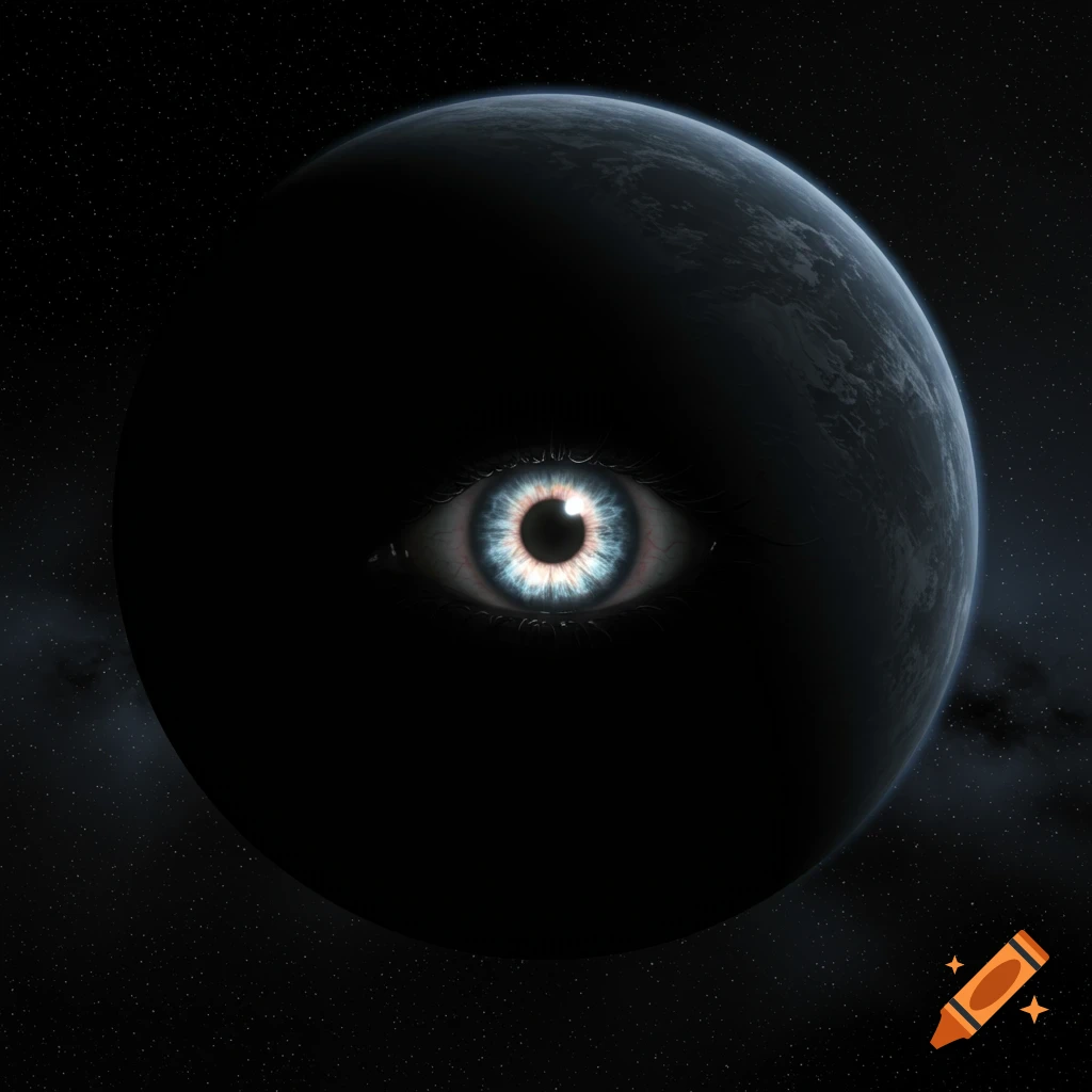 A dark planet with a central eye floats in space.