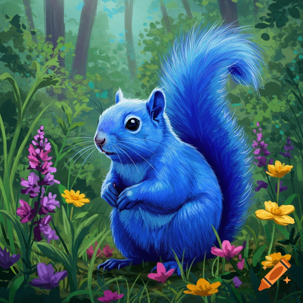 A bright blue squirrel sits among colorful flowers in a forest clearing, rendered in a painted style.