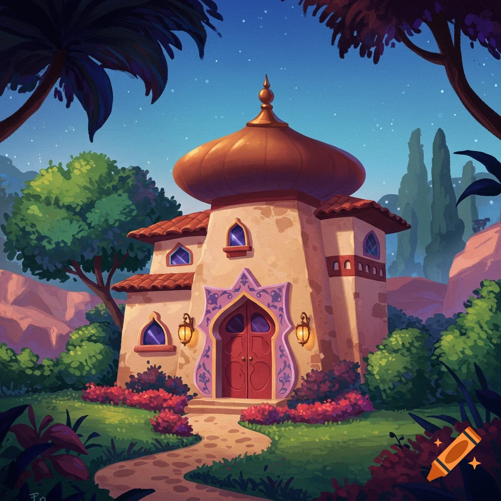 Illustration of an ornate Arabian-style house with a large dome, surrounded by greenery and mountains under a starry sky.