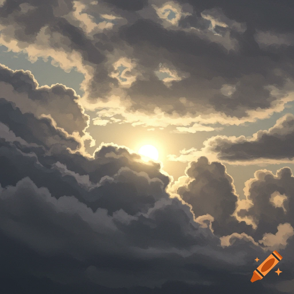 Cloudy sky with sunlight breaking through.