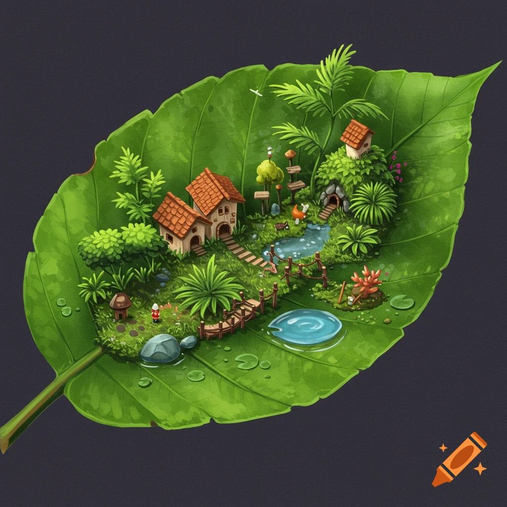 An illustration of a miniature fantasy world built on a large green leaf, with tiny houses, a stream, trees, and small figures.