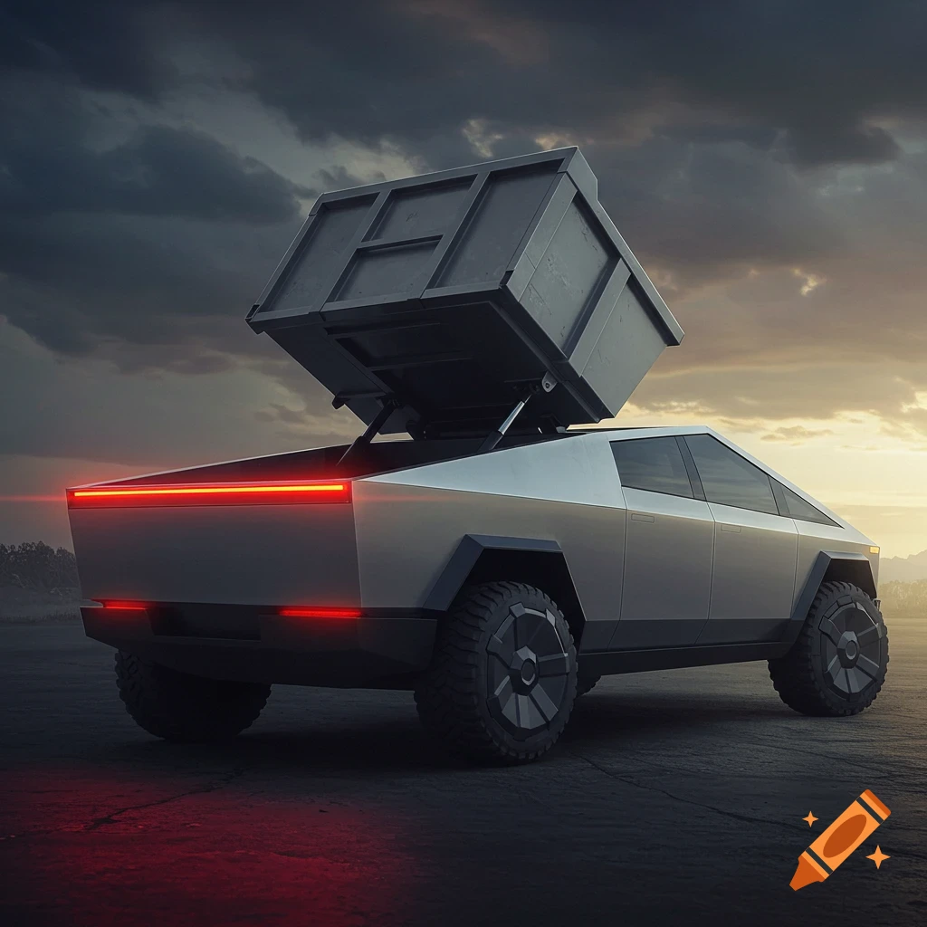 A Tesla Cybertruck with its rear lifted like a dump truck against a cloudy sky at dusk.