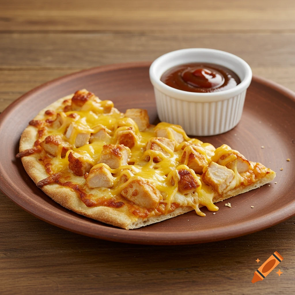A slice of chicken and cheese flatbread pizza next to a small cup of BBQ sauce on a brown plate.