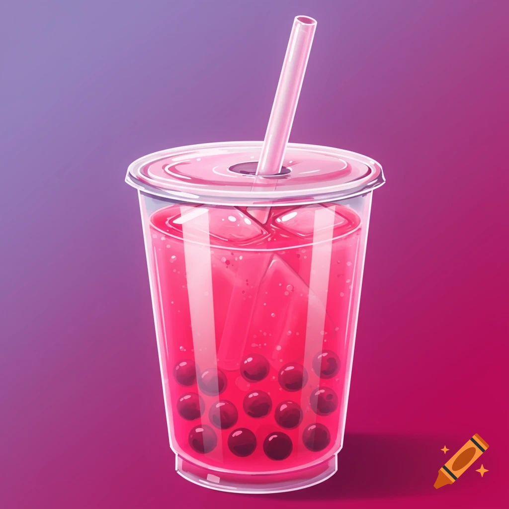 Illustration of a pink boba tea drink with ice and dark pearls in a plastic cup with a straw.