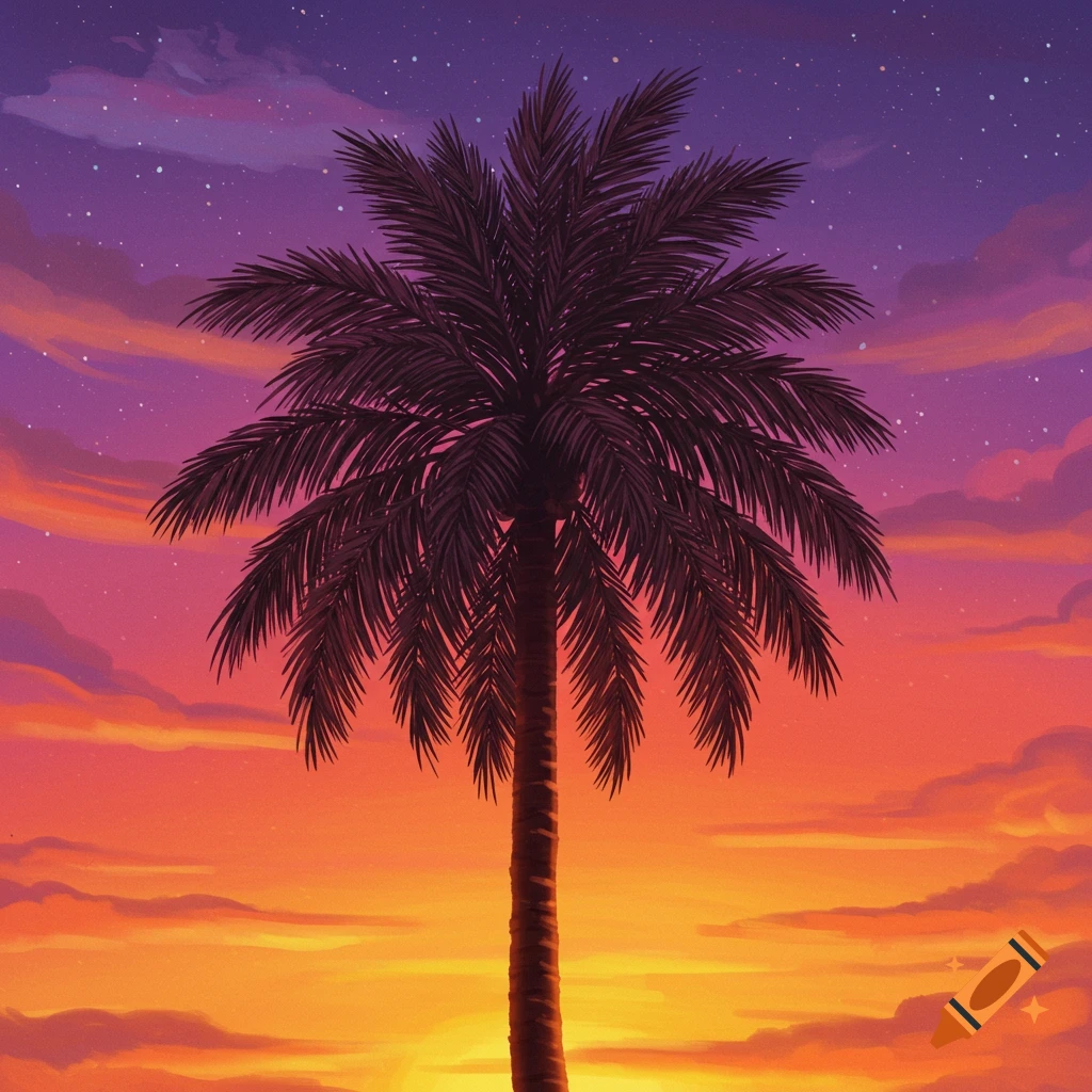 Illustration of a palm tree silhouetted against a vibrant purple and orange sunset sky with stars.