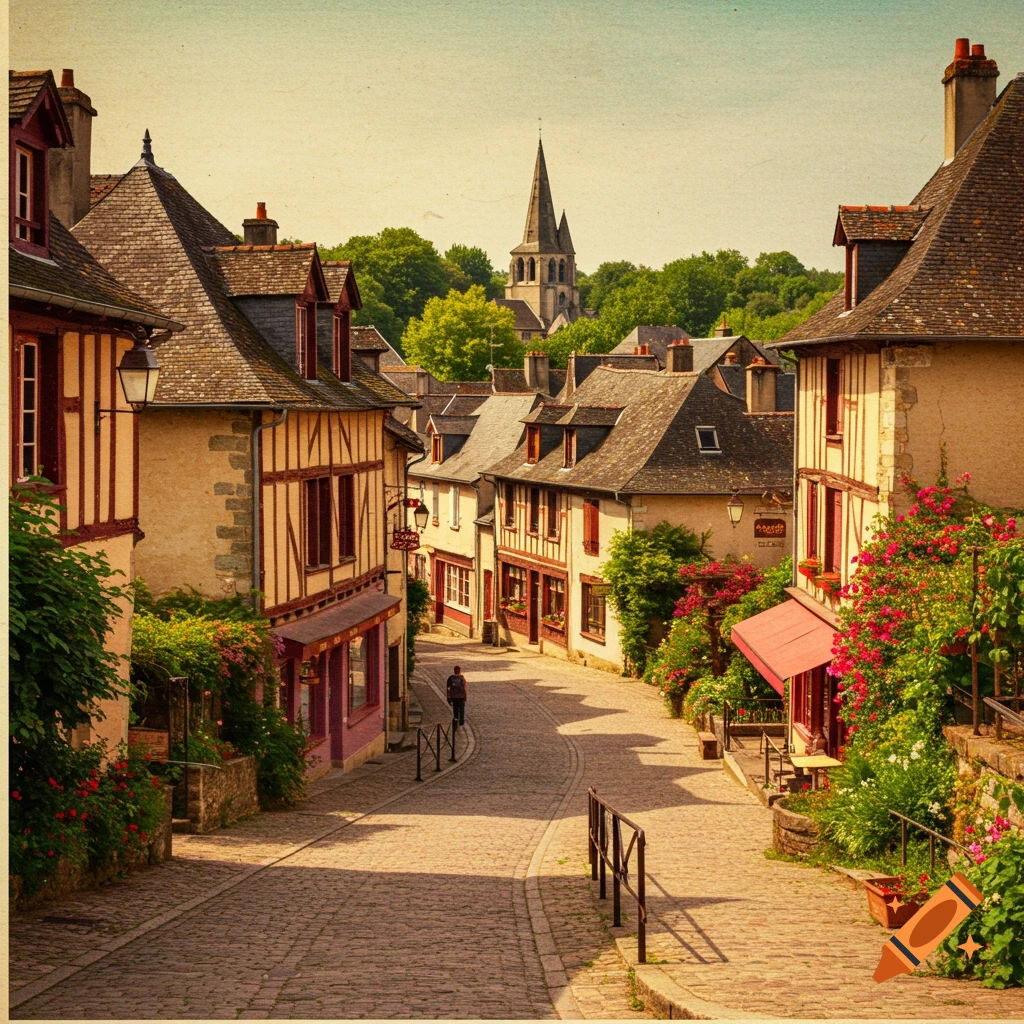 A cobblestone street winds through a charming European town with old timber-framed buildings, flowers, and a distant church steeple.