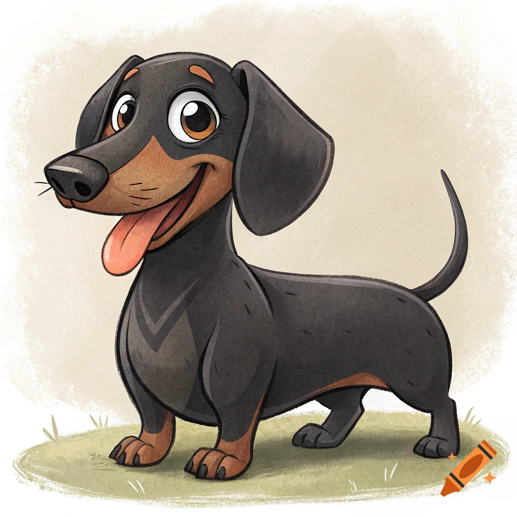 A cartoon illustration of a black and tan dachshund standing on grass.