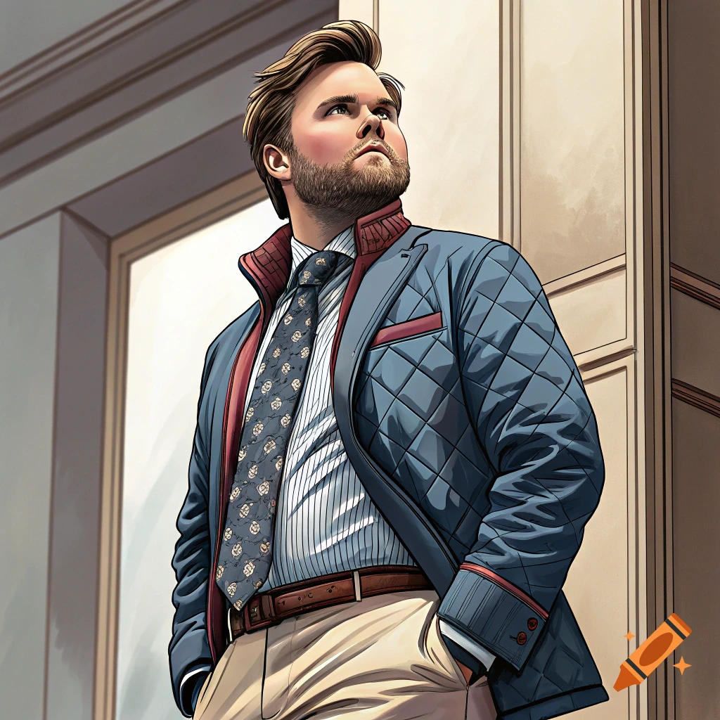 Illustrative portrait of a man in a suit and quilted jacket looking up.