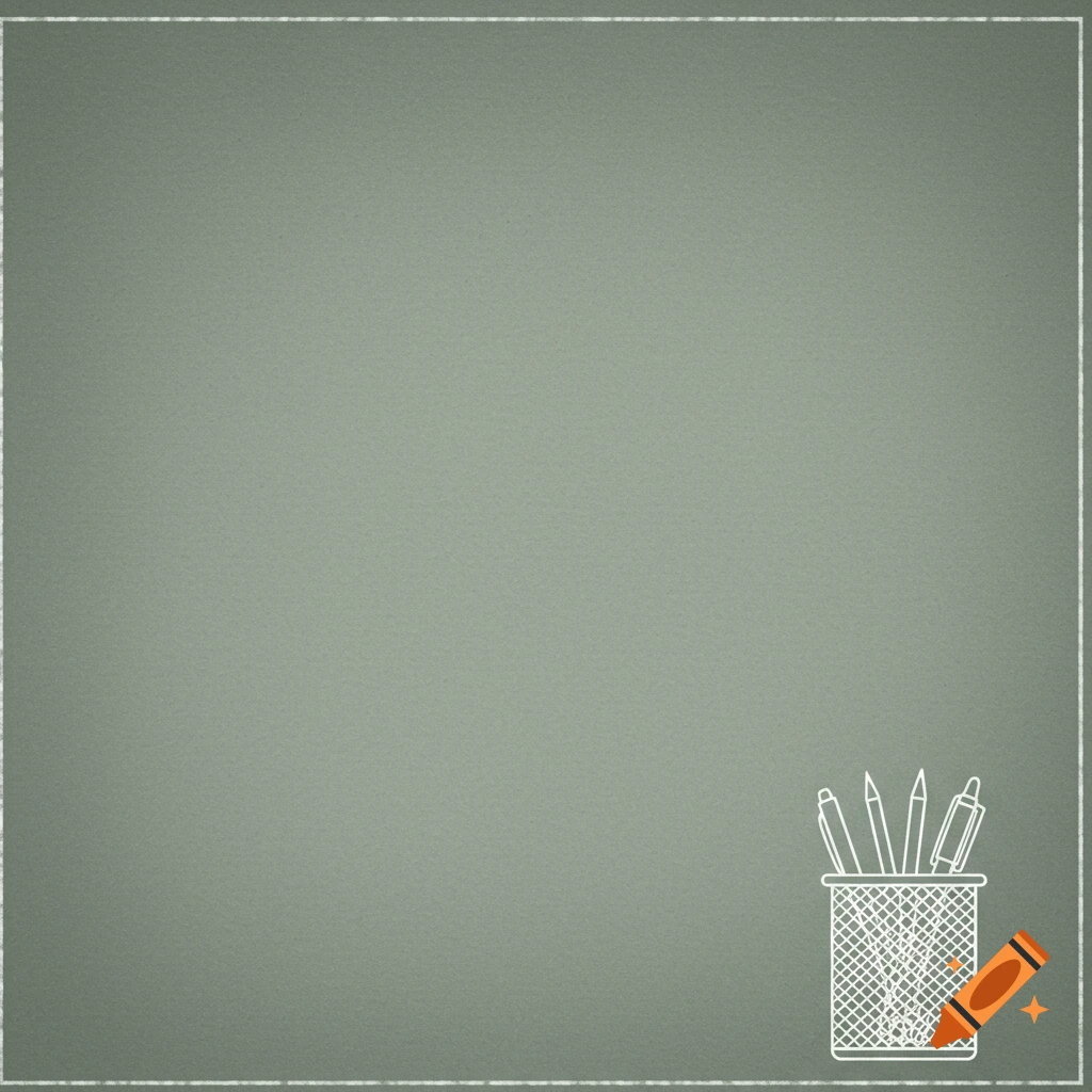 Eucalyptus green-gray background with white border and line art pen holder in the corner.