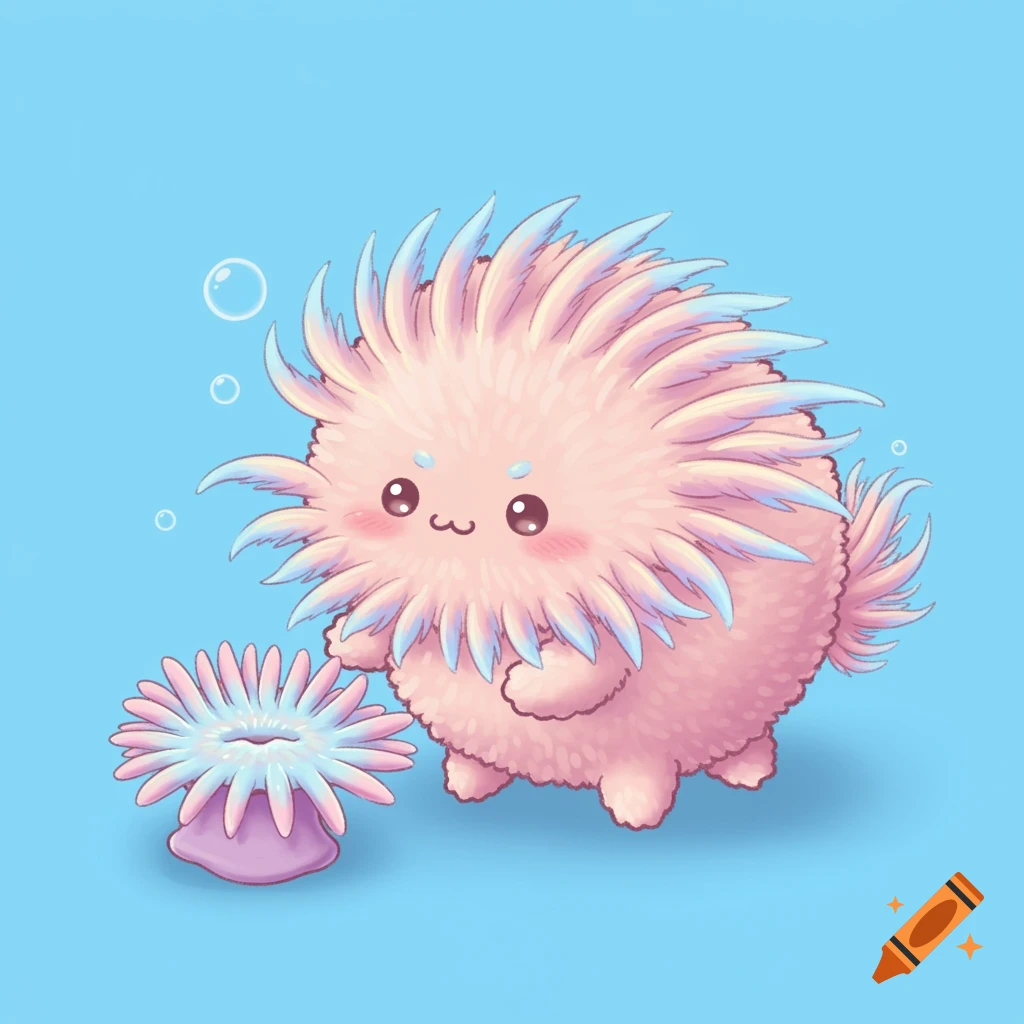A cute pink fluffy cartoon creature with blue tips next to a pink and blue sea anemone against a blue background.