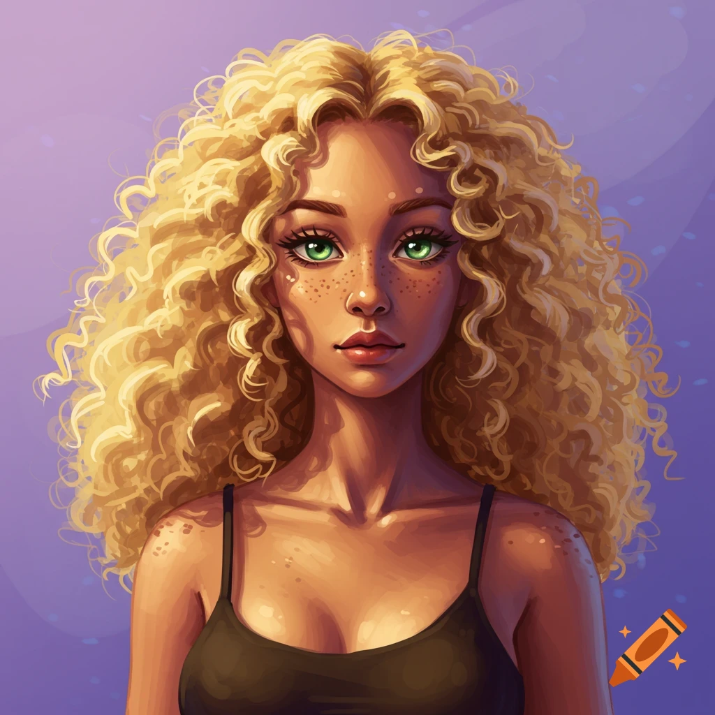 A woman with blonde curly hair, green eyes, and freckles.