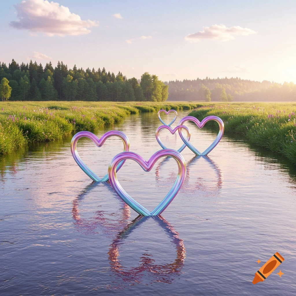 Iridescent heart shapes float in a river flowing through a lush green field at sunrise.